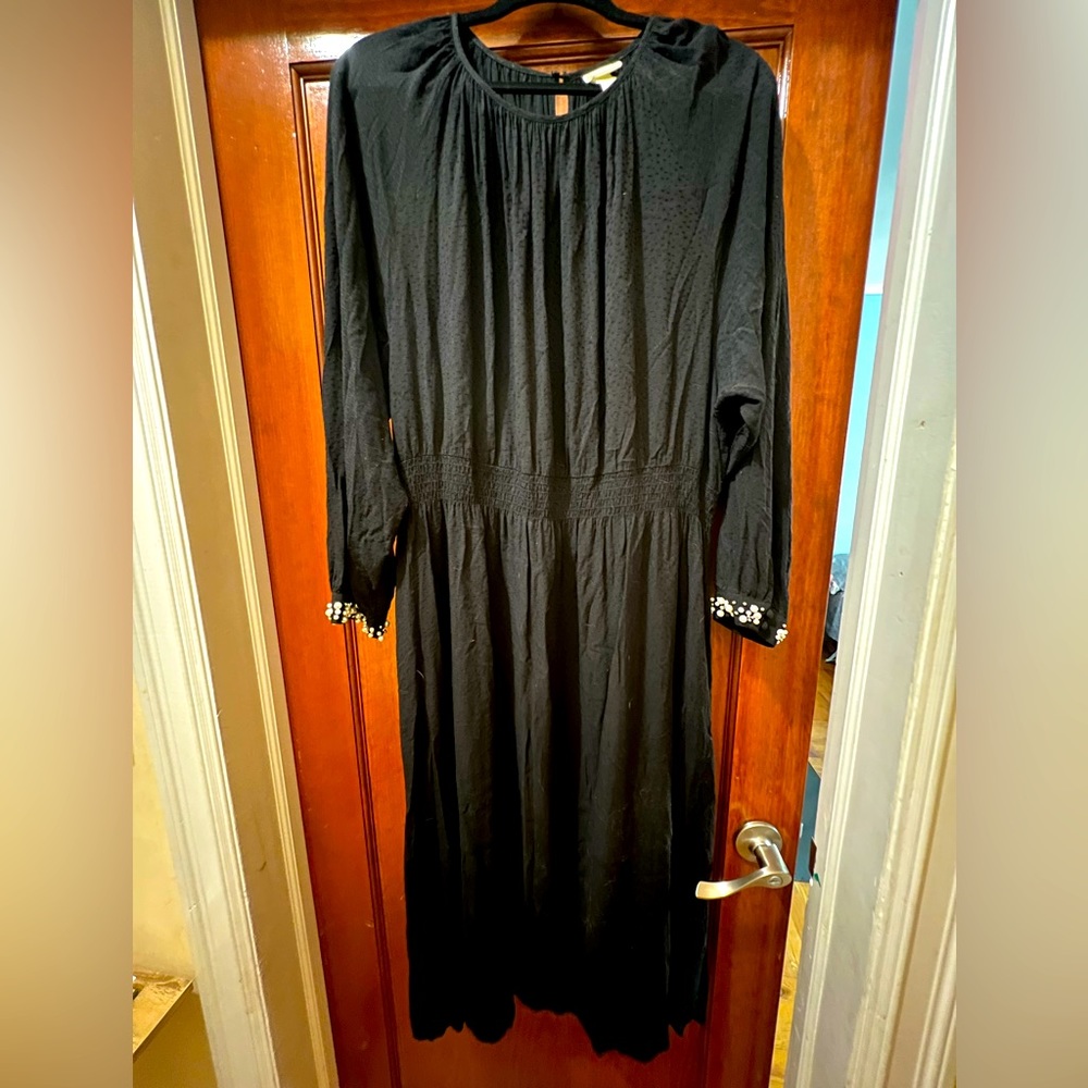 H&M Black Long Sleeve Midi Dress with Pearl Cuffs Size L